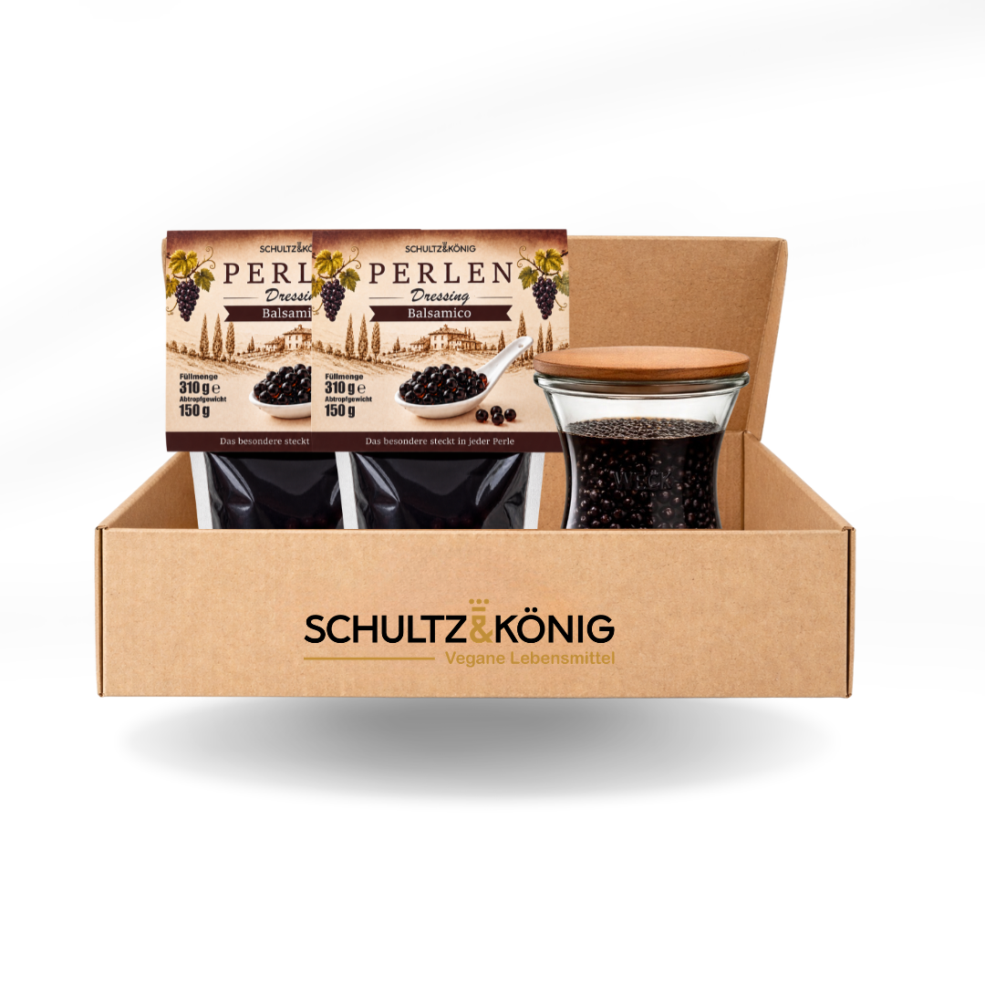 Balsamico Perlen Set Premium – 2x 310g Balsamico Perlen + Vorratsglas 370 ml mit Holzdeckel & Gravur